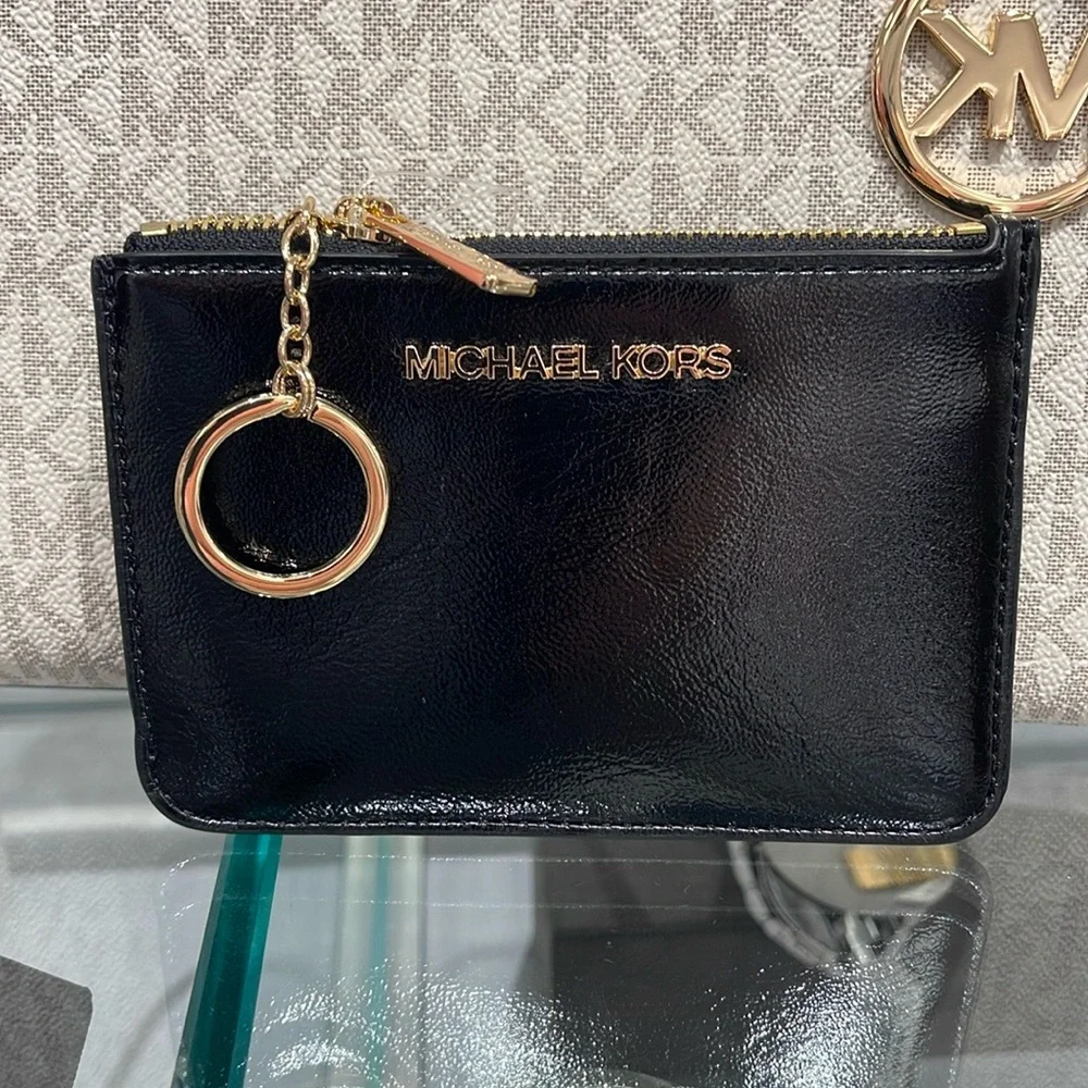 MICHAEL KORS Jet Set Travel Small Top Zip Coin Pouch With ID Keychain  Black NWT